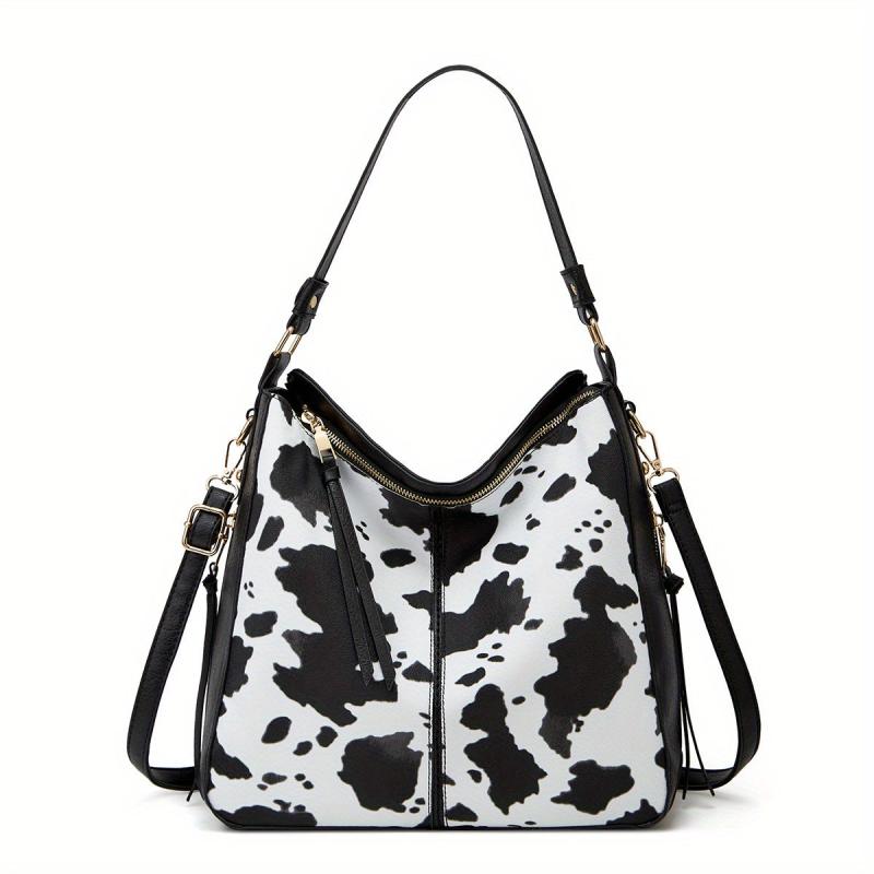 Cow Print Tassel Shoulder Bag Retro Style Crossbody Bag