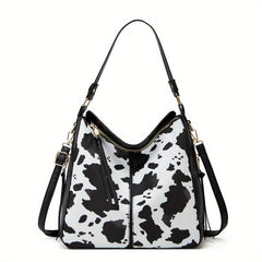 Cow Print Tassel Shoulder Bag Retro Style Crossbody Bag