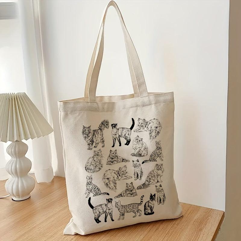 Cat Pattern Canvas Tote Bag Eco Shopper Lightweight Storage Bag