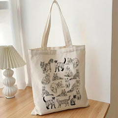 Cat Pattern Canvas Tote Bag Eco Shopper Lightweight Storage Bag