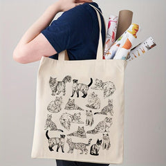 Cat Pattern Canvas Tote Bag Eco Shopper Lightweight Storage Bag