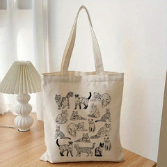 Cat Pattern Canvas Tote Bag Eco Shopper Lightweight Storage Bag