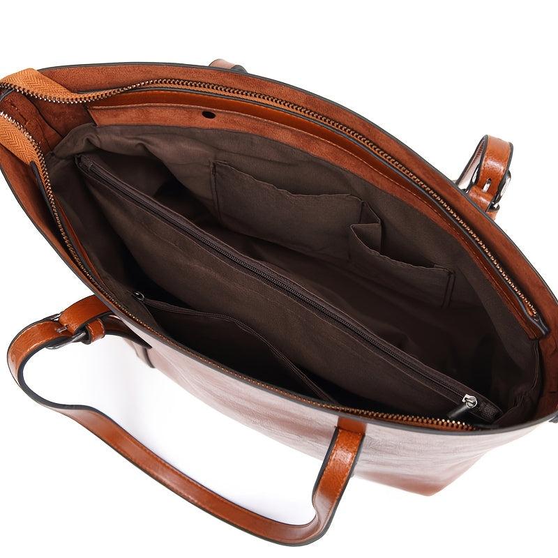 Retro Style Faux Leather Tote Bag Zipper Shoulder Bag