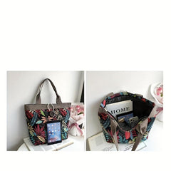 Leaf Print Canvas Tote Bag Ethnic Style Large Capacity Shoulder Bag