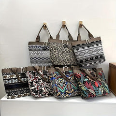 Leaf Print Canvas Tote Bag Ethnic Style Large Capacity Shoulder Bag