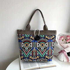 Leaf Print Canvas Tote Bag Ethnic Style Large Capacity Shoulder Bag