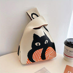Cartoon Cat Pattern Knitted Casual Handbag Large Capacity Portable Tote Bag