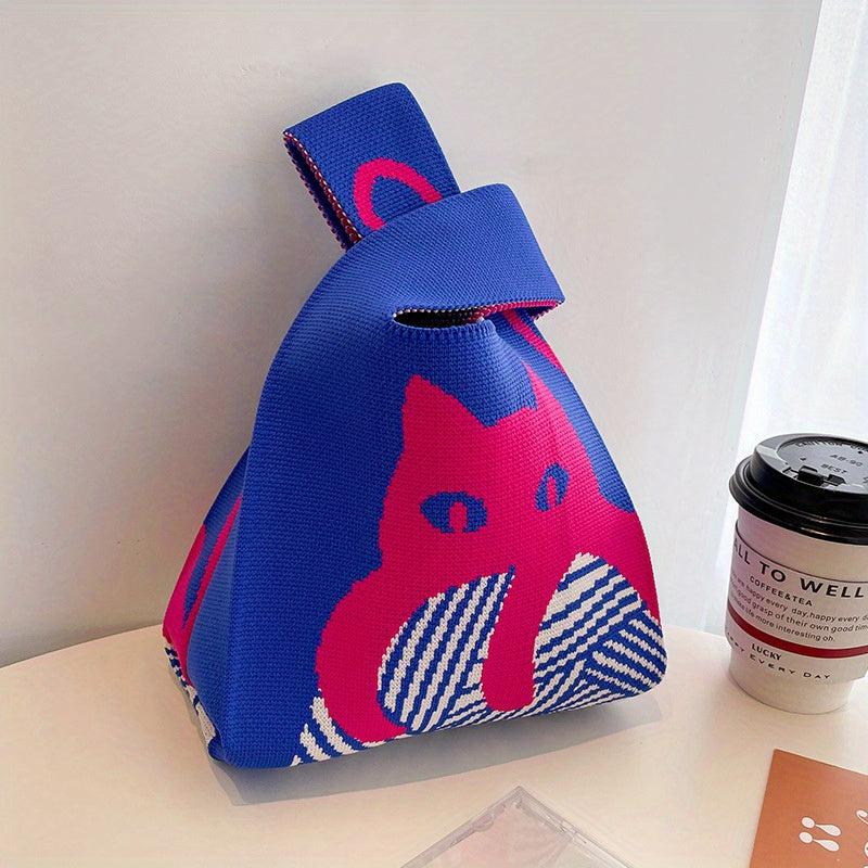 Cartoon Cat Pattern Knitted Casual Handbag Large Capacity Portable Tote Bag