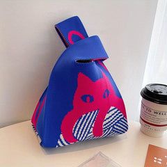 Cartoon Cat Pattern Knitted Casual Handbag Large Capacity Portable Tote Bag