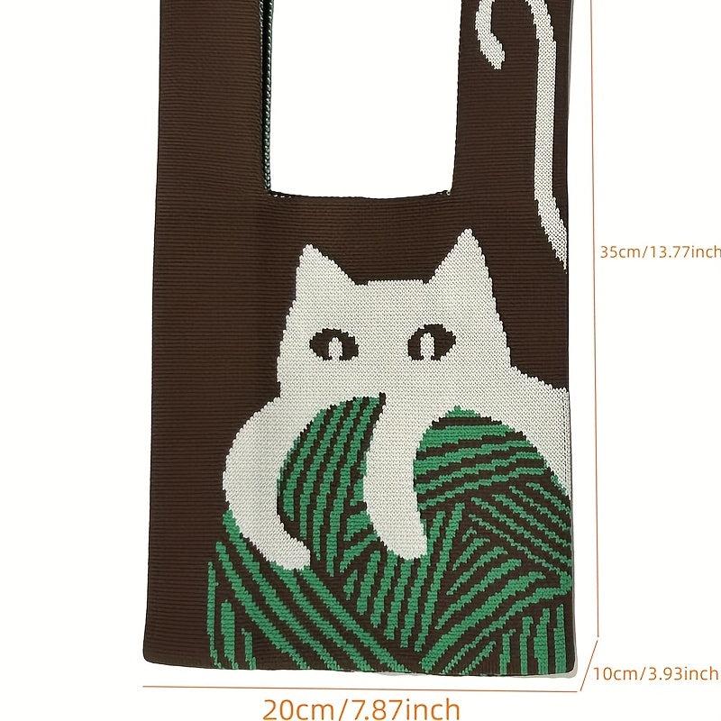 Cartoon Cat Pattern Knitted Casual Handbag Large Capacity Portable Tote Bag