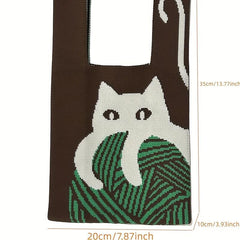 Cartoon Cat Pattern Knitted Casual Handbag Large Capacity Portable Tote Bag