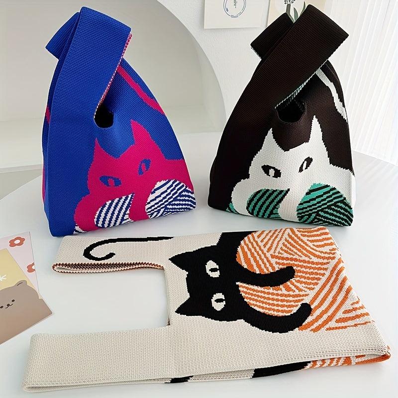 Cartoon Cat Pattern Knitted Casual Handbag Large Capacity Portable Tote Bag