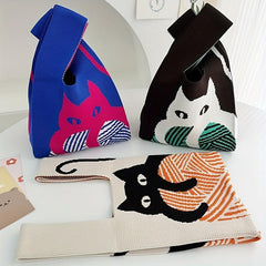 Cartoon Cat Pattern Knitted Casual Handbag Large Capacity Portable Tote Bag