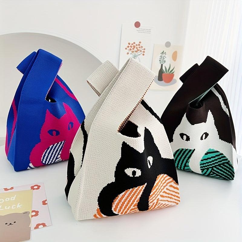 Cartoon Cat Pattern Knitted Casual Handbag Large Capacity Portable Tote Bag