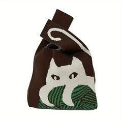 Cartoon Cat Pattern Knitted Casual Handbag Large Capacity Portable Tote Bag