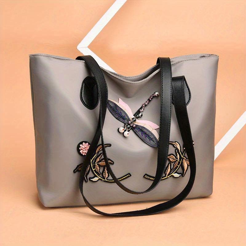 Dragonfly & Flower Patched Tote Bag Large Capacity Shoulder Bag