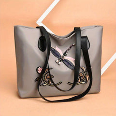 Dragonfly & Flower Patched Tote Bag Large Capacity Shoulder Bag