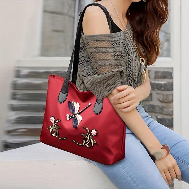 Dragonfly & Flower Patched Tote Bag Large Capacity Shoulder Bag