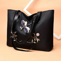Dragonfly & Flower Patched Tote Bag Large Capacity Shoulder Bag