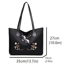 Dragonfly & Flower Patched Tote Bag Large Capacity Shoulder Bag