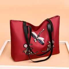 Dragonfly & Flower Patched Tote Bag Large Capacity Shoulder Bag