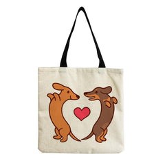 Cartoon Dog Linen Tote Bag with Large Capacity