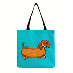 Cartoon Dog Linen Tote Bag with Large Capacity