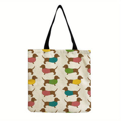 Cartoon Dog Linen Tote Bag with Large Capacity