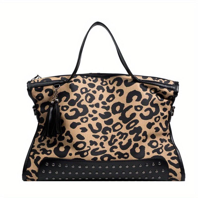 Leopard Print Tote Bag with Rivets & Tassel