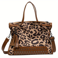 Leopard Print Tote Bag with Rivets & Tassel