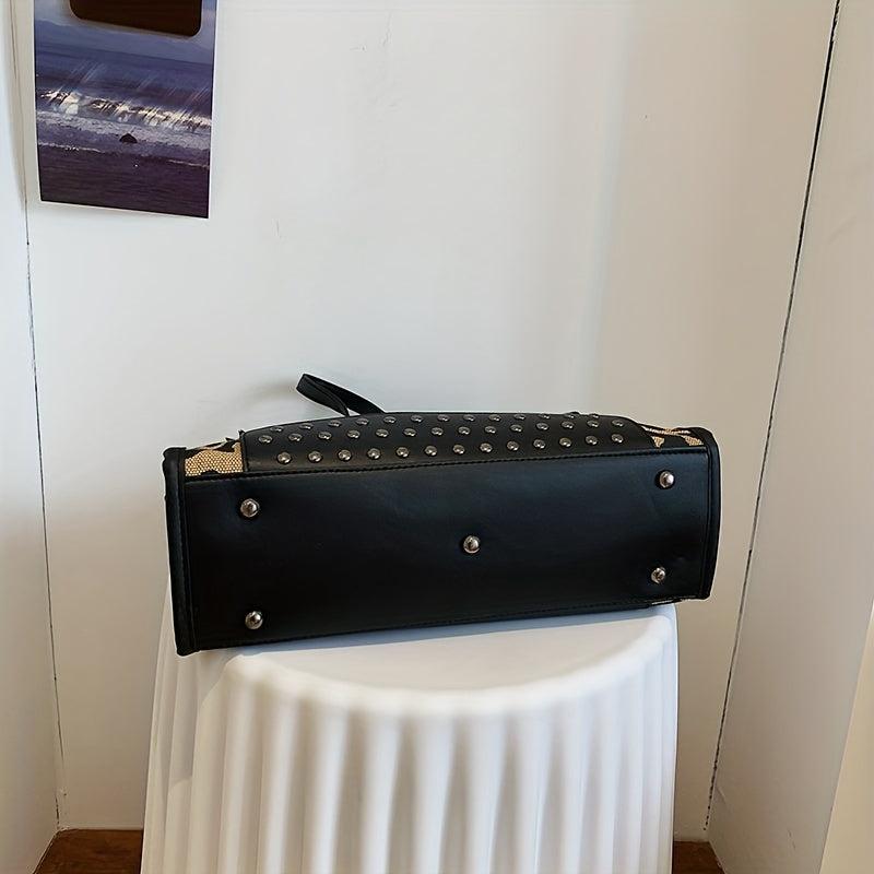 Leopard Print Tote Bag with Rivets & Tassel