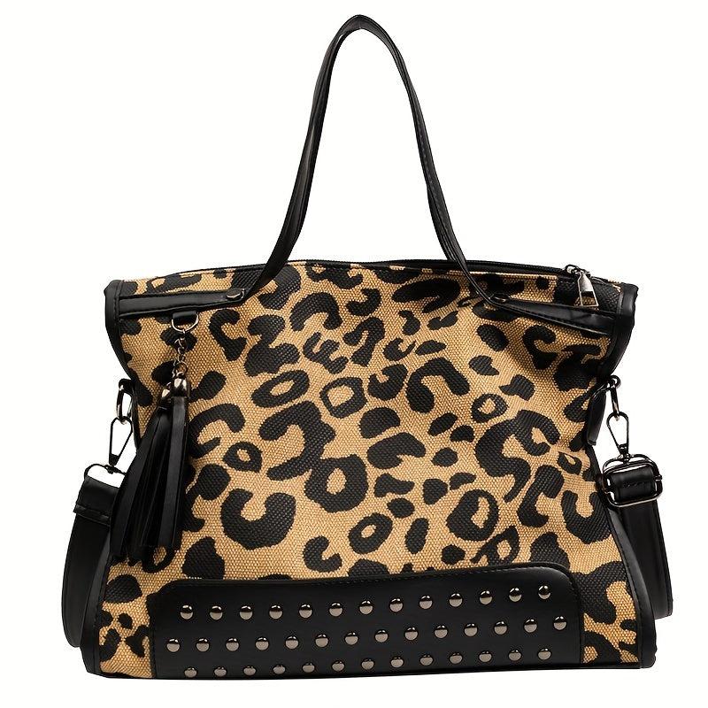 Leopard Print Tote Bag with Rivets & Tassel