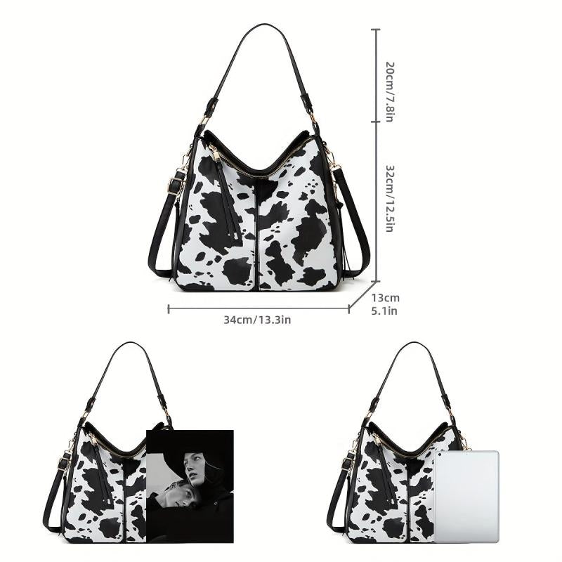 Cow Pattern Tote Bag with Tassel Crossbody - Large Capacity Hobo Bag