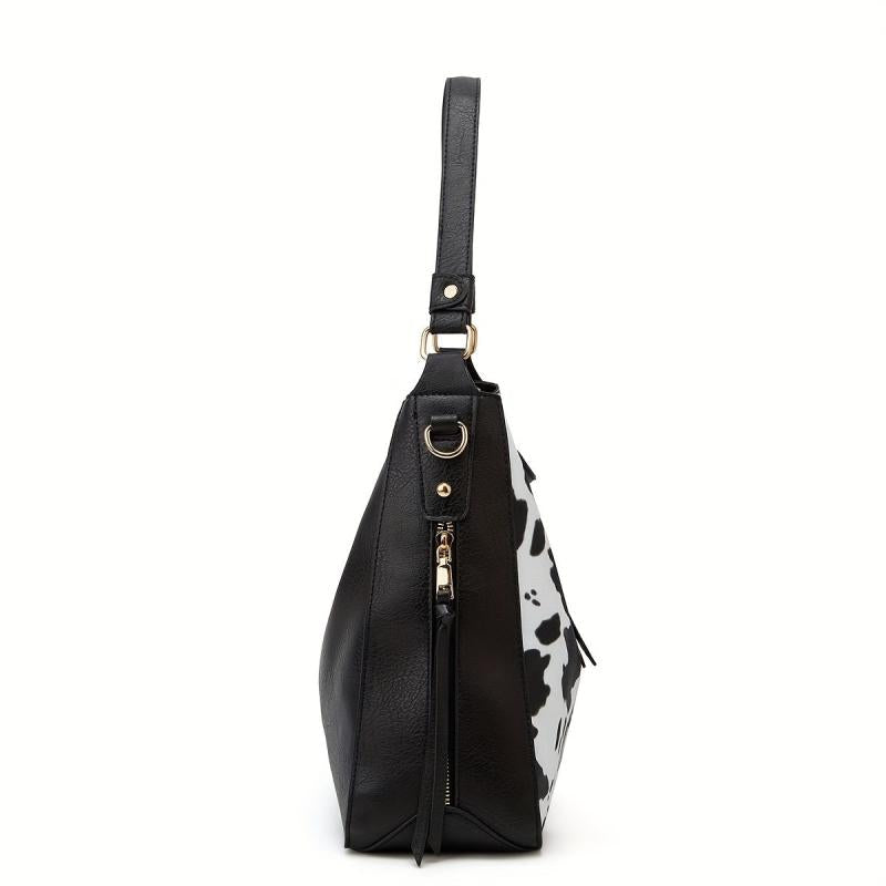 Cow Pattern Tote Bag with Tassel Crossbody - Large Capacity Hobo Bag