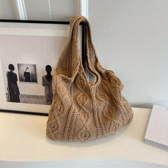 Vintage Crochet Shoulder Bag Solid Woven Knitted Tote Bag
