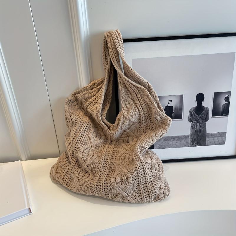 Vintage Crochet Shoulder Bag Solid Woven Knitted Tote Bag