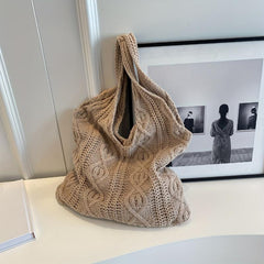 Vintage Crochet Shoulder Bag Solid Woven Knitted Tote Bag