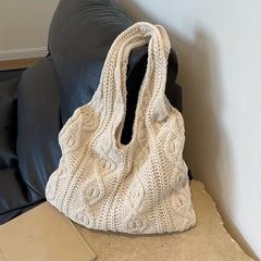 Vintage Crochet Shoulder Bag Solid Woven Knitted Tote Bag