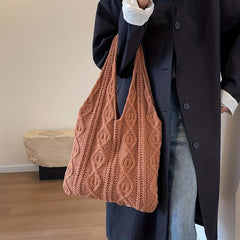 Vintage Crochet Shoulder Bag Solid Woven Knitted Tote Bag
