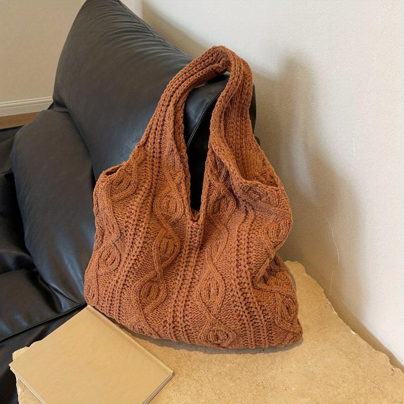 Vintage Crochet Shoulder Bag Solid Woven Knitted Tote Bag