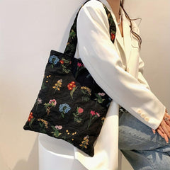 Floral Embroidery Fabric Tote Bag Plaid Shoulder Bag Women's Handbag