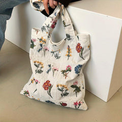 Floral Embroidery Fabric Tote Bag Plaid Shoulder Bag Women's Handbag