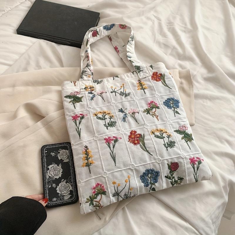 Floral Embroidery Fabric Tote Bag Plaid Shoulder Bag Women's Handbag