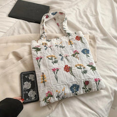 Floral Embroidery Fabric Tote Bag Plaid Shoulder Bag Women's Handbag