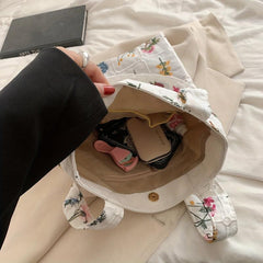 Floral Embroidery Fabric Tote Bag Plaid Shoulder Bag Women's Handbag