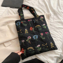 Floral Embroidery Fabric Tote Bag Plaid Shoulder Bag Women's Handbag