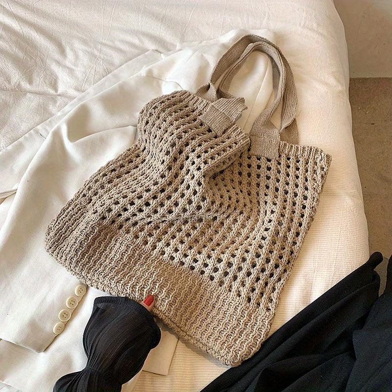 Hollow Straw Shoulder Bag Solid Woven Storage Handbag