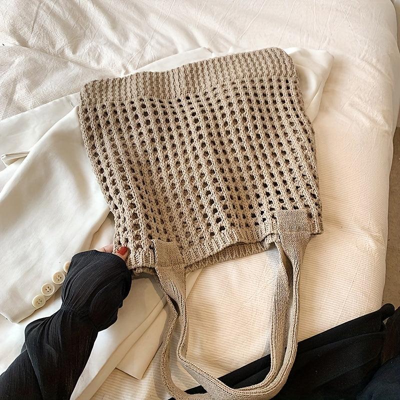 Hollow Straw Shoulder Bag Solid Woven Storage Handbag