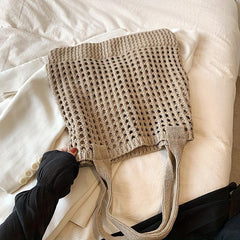 Hollow Straw Shoulder Bag Solid Woven Storage Handbag