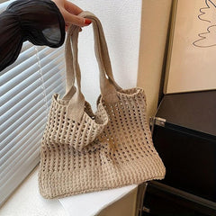 Hollow Straw Shoulder Bag Solid Woven Storage Handbag